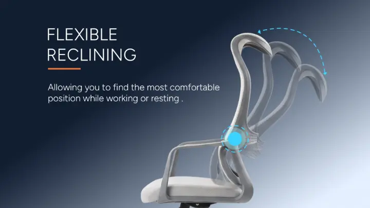 Office chair with flexible reclining backrest Adjustable reclining backrest that moves with you - find your most comfortable position whether working, relaxing, or taking a break.